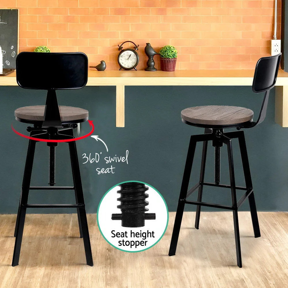 Industrial Metal Bar Stool - Rustic Black & Wood - Bar