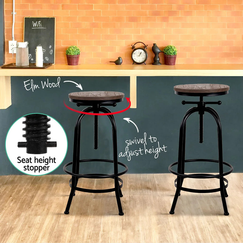 Industrial Round Seat Bar Stools Set of 2 - Wood Metal