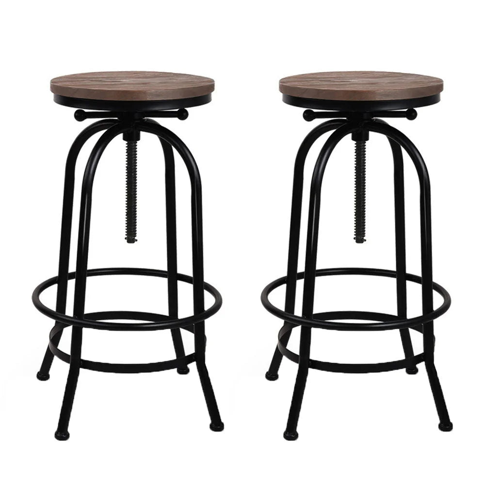 Industrial Round Seat Bar Stools Set of 2 - Wood Metal