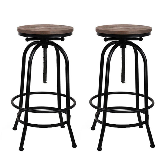 Industrial Round Seat Bar Stools Set of 2 - Wood Metal