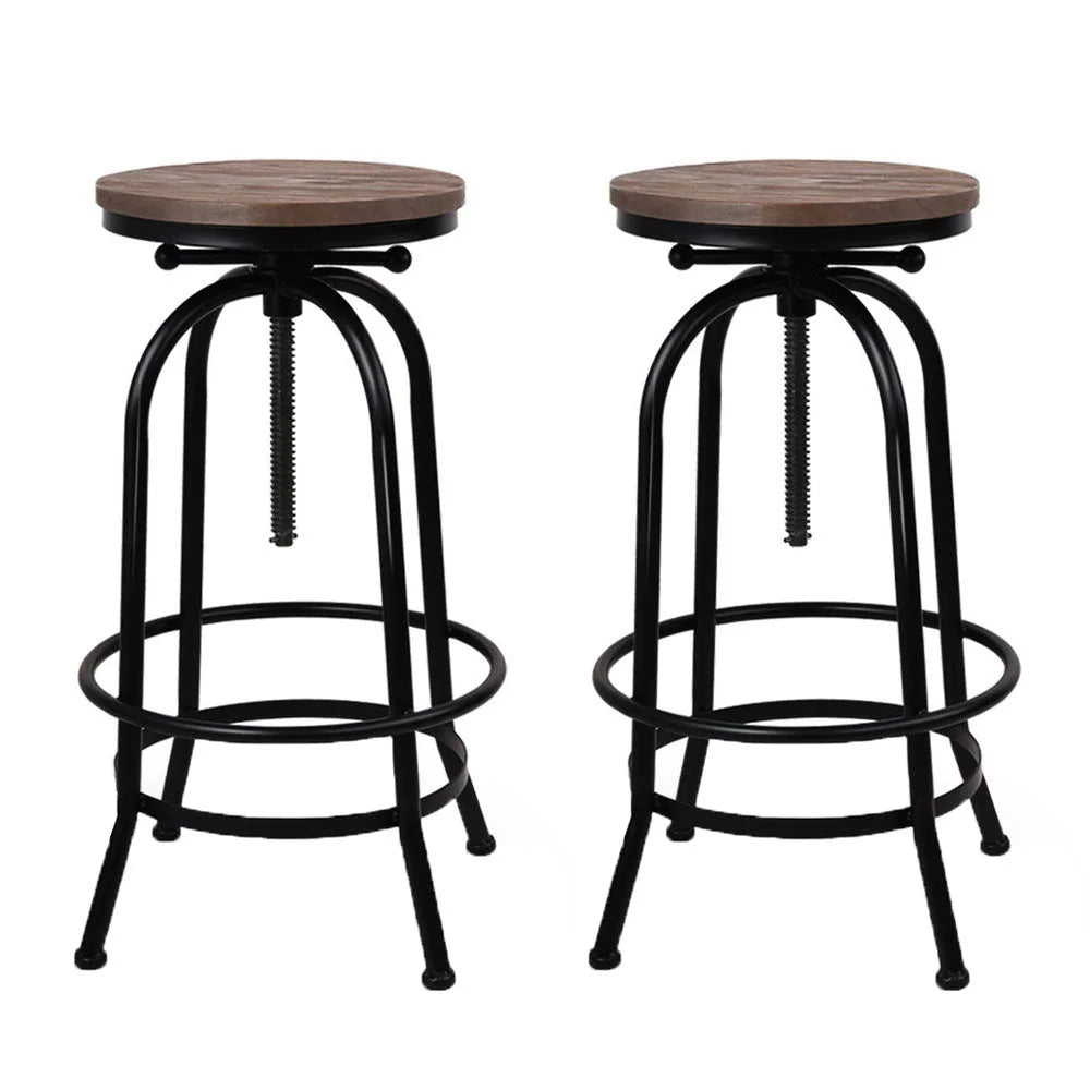 Industrial Round Seat Bar Stools Set of 2 - Wood Metal