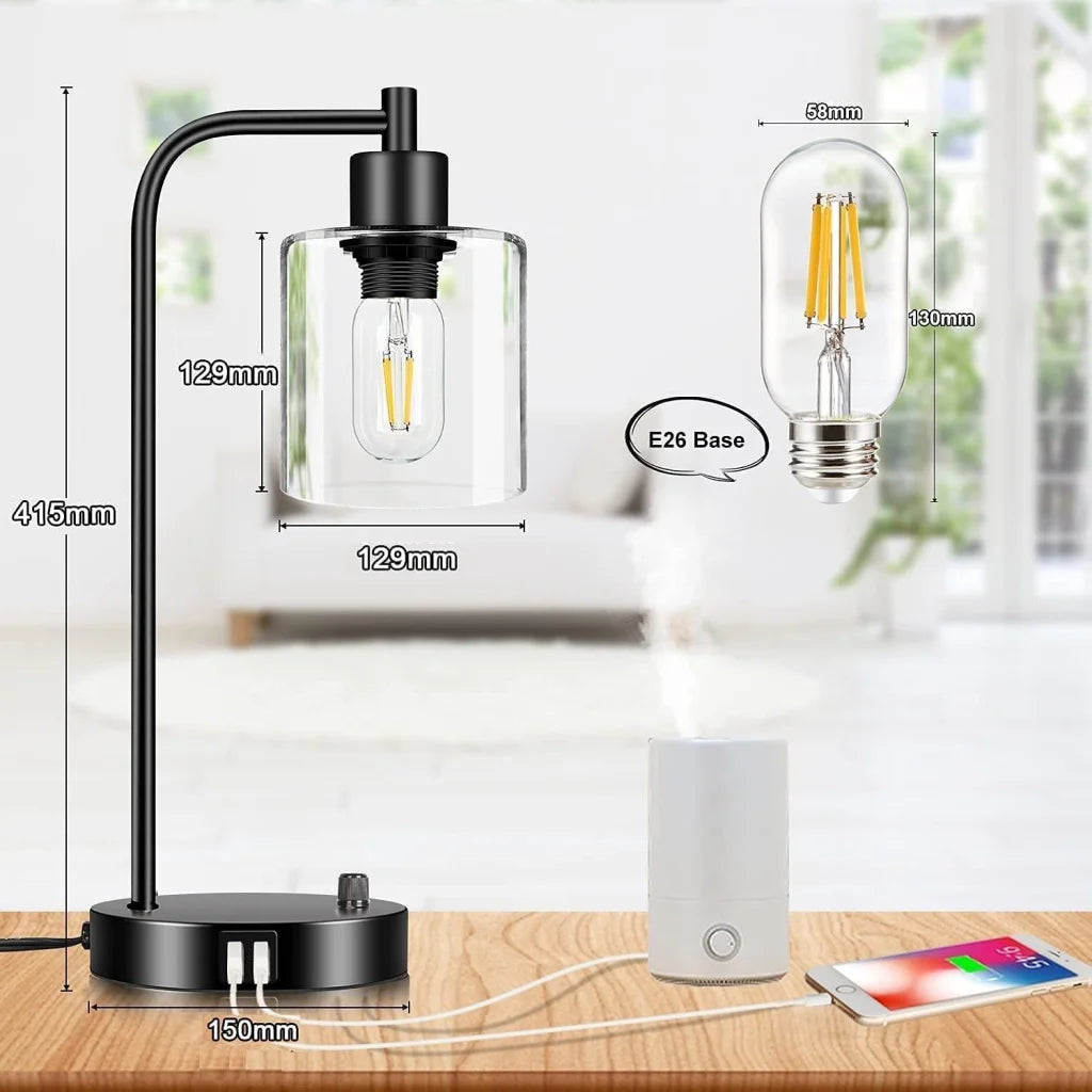 Industrial Table Lamp 2X Pack with USB Ports for Bedside