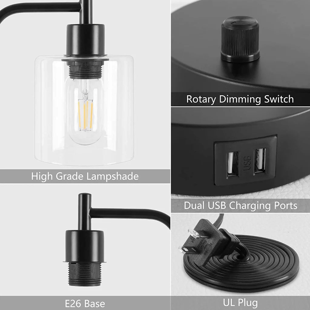 Industrial Table Lamp 2X Pack with USB Ports for Bedside