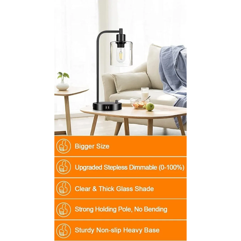 Industrial Table Lamp 2X Pack with USB Ports for Bedside
