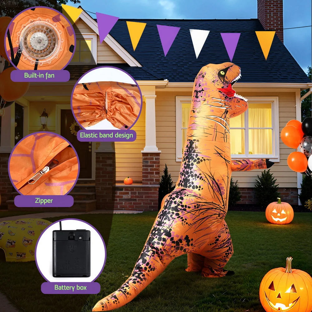 Inflatable dinosaur costume with useful parts and product scale