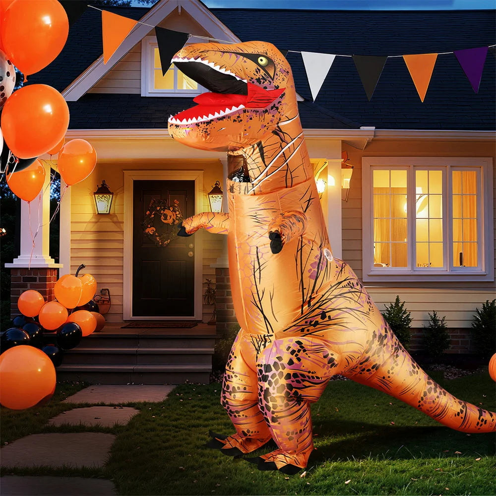 Inflatable dinosaur costume with size cues and product form