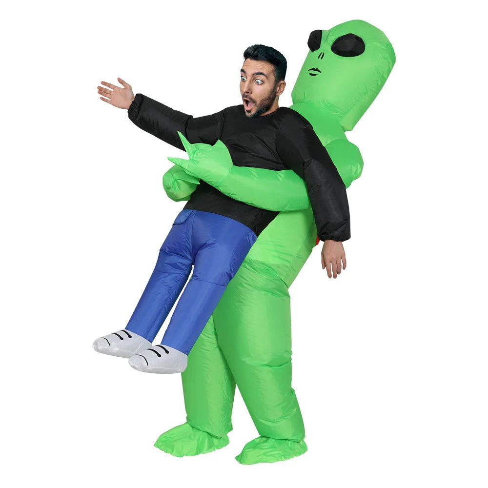 Green inflatable alien costume with component details and storage context