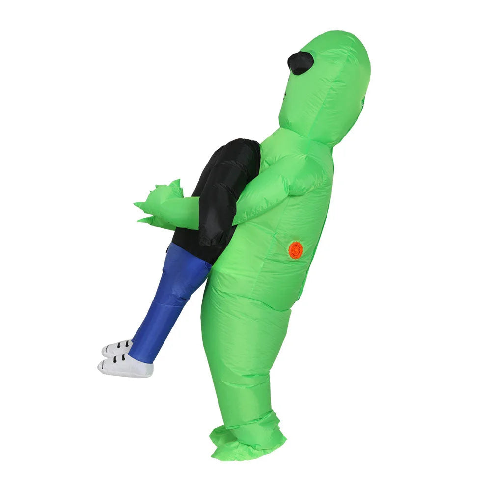 Inflatable alien costume with component details and storage context
