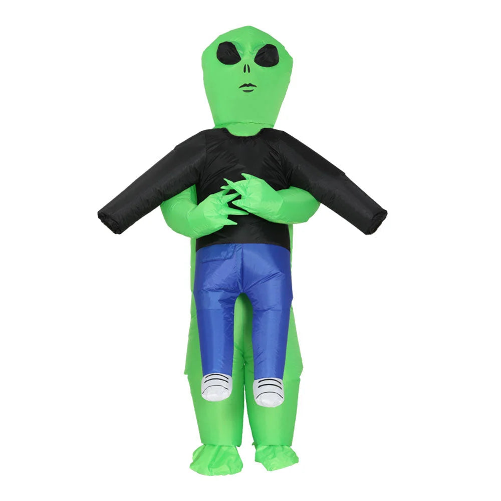 Green inflatable alien costume with tabletop context and item shape