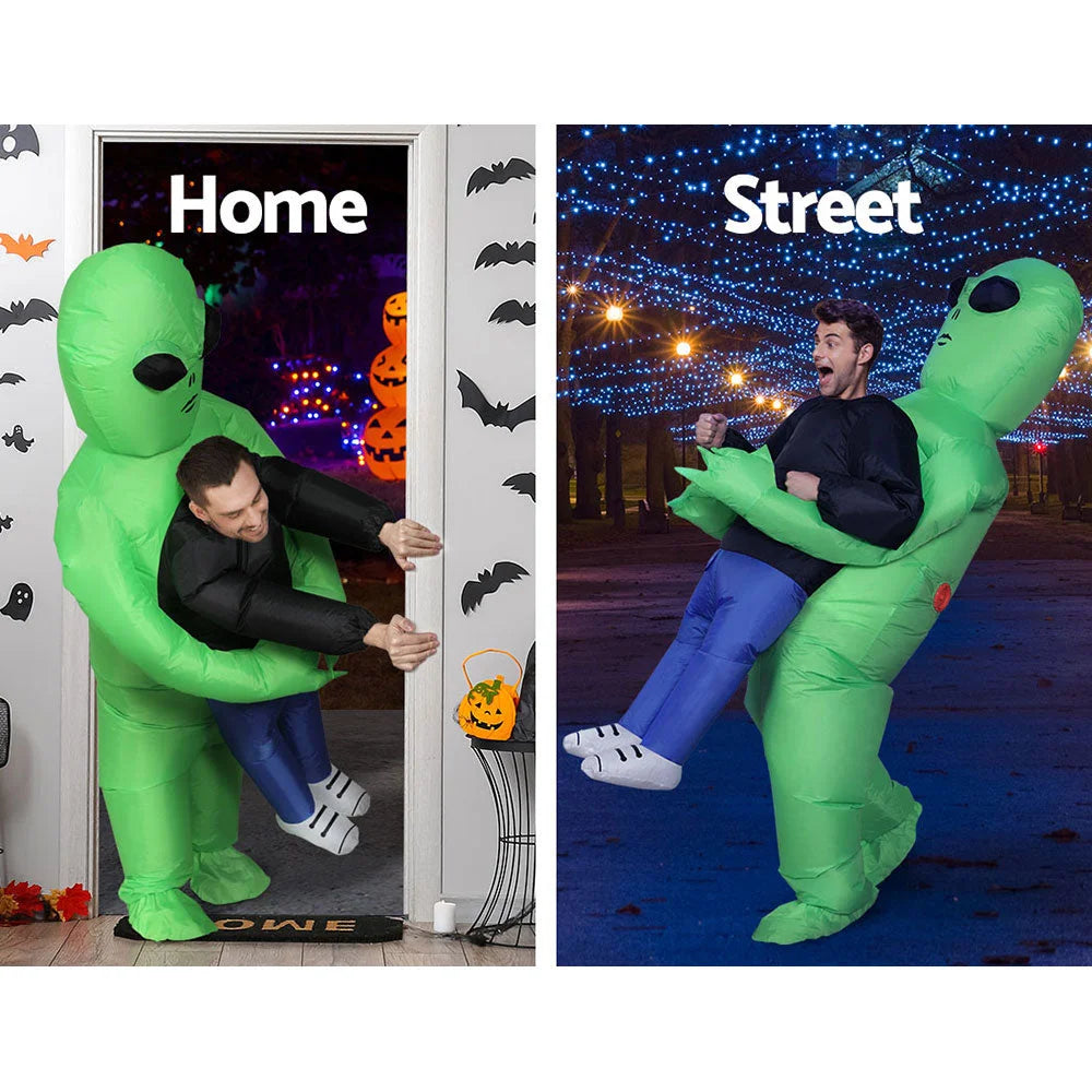 Green inflatable alien costume with colour and construction cues