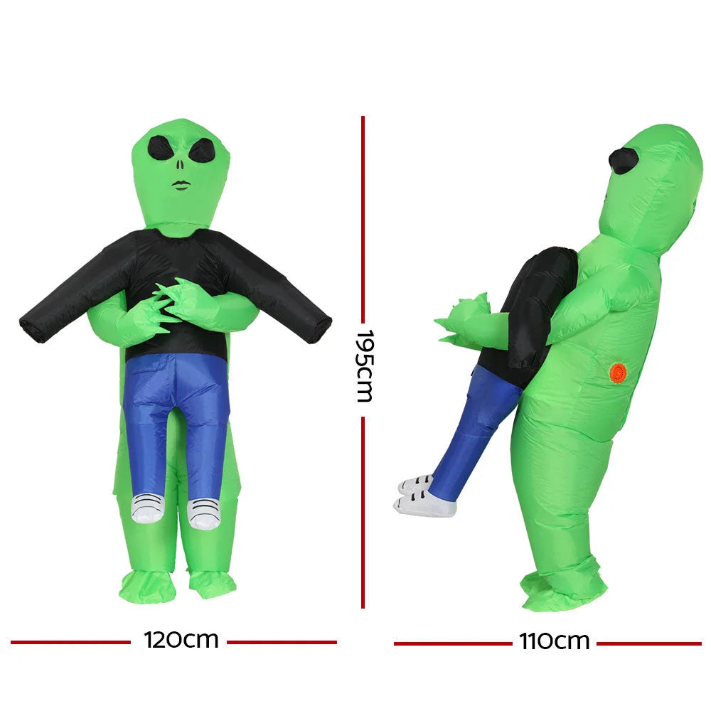 Green inflatable alien costume with useful parts and product scale