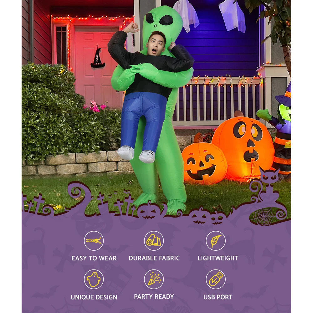 Green inflatable alien costume with display setup and product form