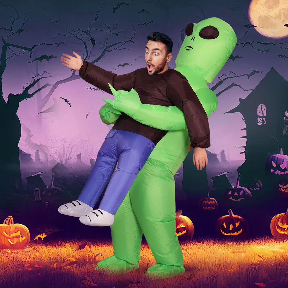 Green inflatable alien costume with size cues and product form