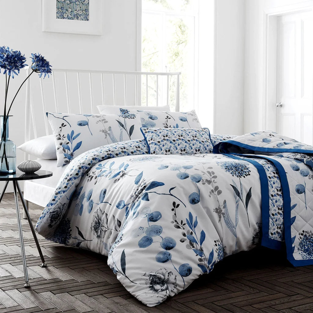 Ink Floral Blue Quilt Cover Set Queen Artex