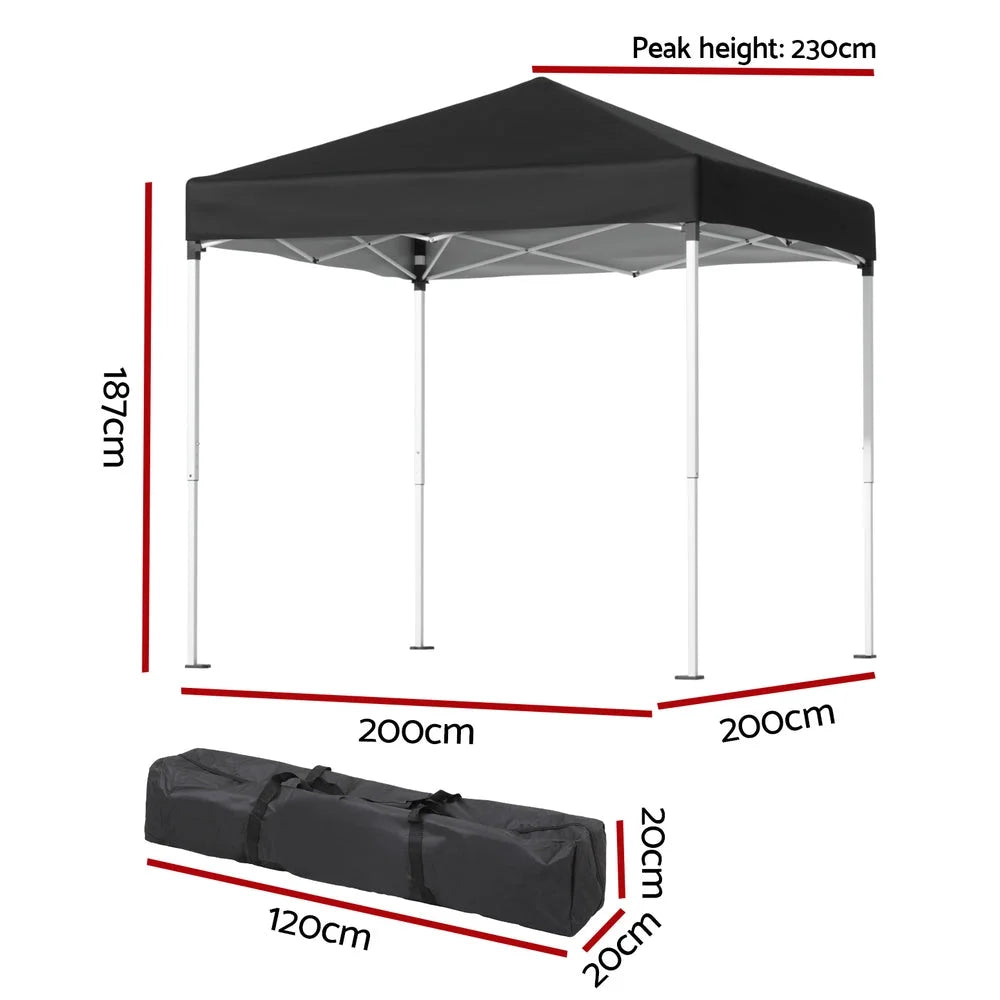 Black 2x2m pop-up gazebo with canopy roof and folding leg frame