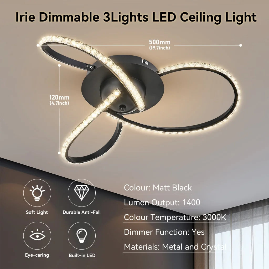 Irie Dimmable 3 Lights LED Ceiling Light - Black - Home &