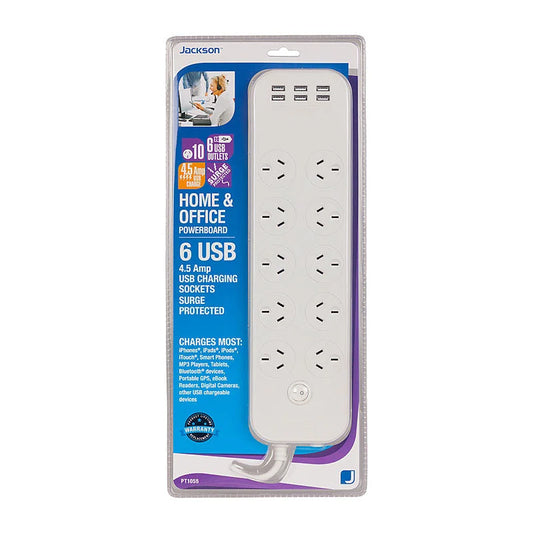 JACKSON 10-Way Power Board with 6 USB Ports - 1m Cable