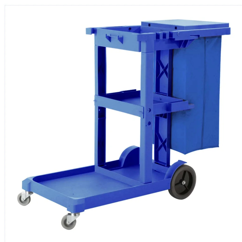 Janitor Cleaning Cart Premium 3-Tier Multifunction Waste Trolley with Waterproof Bag and Lid - Blue