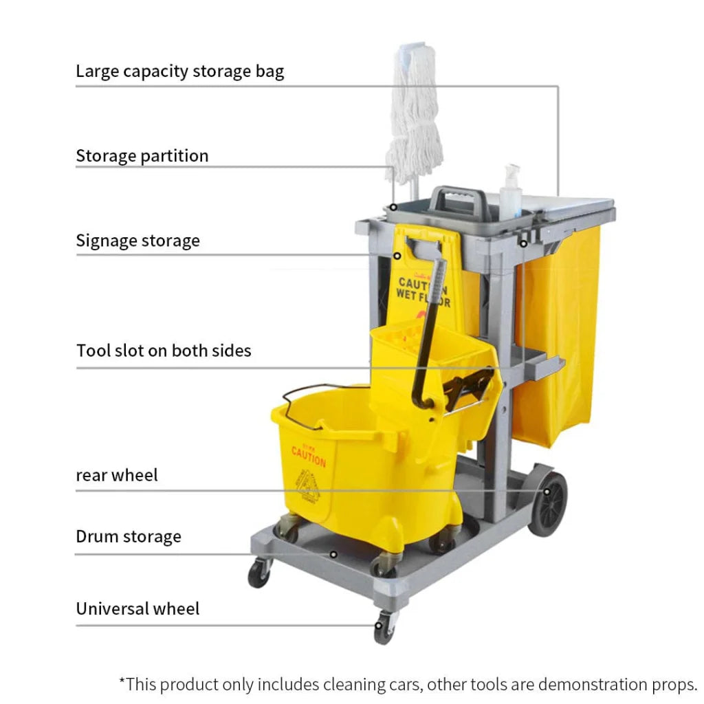 Janitor Cleaning Cart Premium 3-Tier Multifunction Waste Trolley with Waterproof Bag and Lid