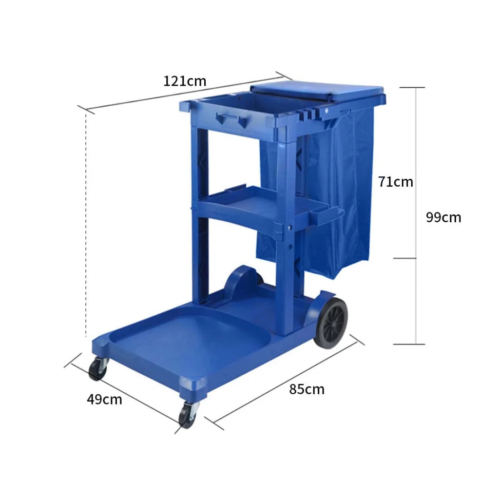 Janitor Cleaning Cart Premium 3-Tier Multifunction Waste Trolley with Waterproof Bag and Lid - Blue