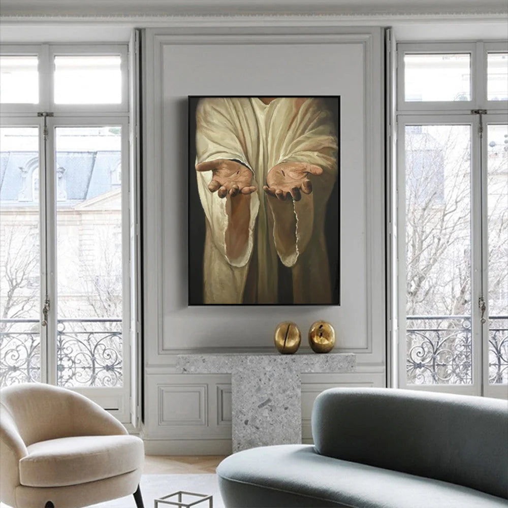 Jesus Nail Hand Black Frame Canvas Wall Art 50cm x 70cm