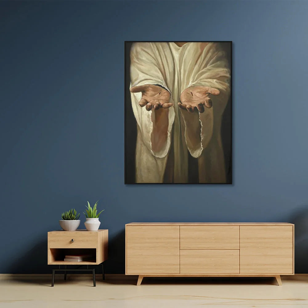 Jesus Nail Hand Black Frame Canvas Wall Art 60cm x 90cm