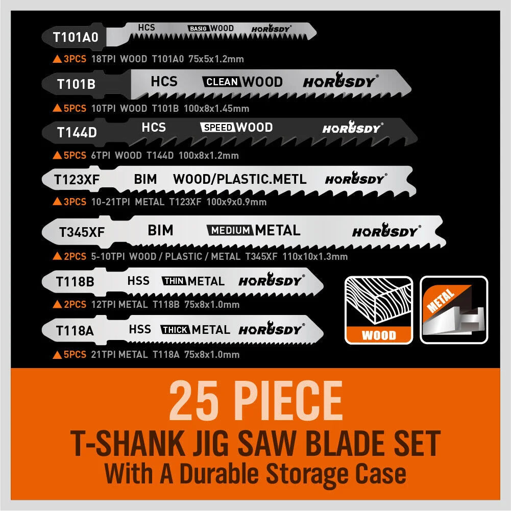 Jig Saw Blades Set 25Pc T-shank Wood Plastic Metal Sheet
