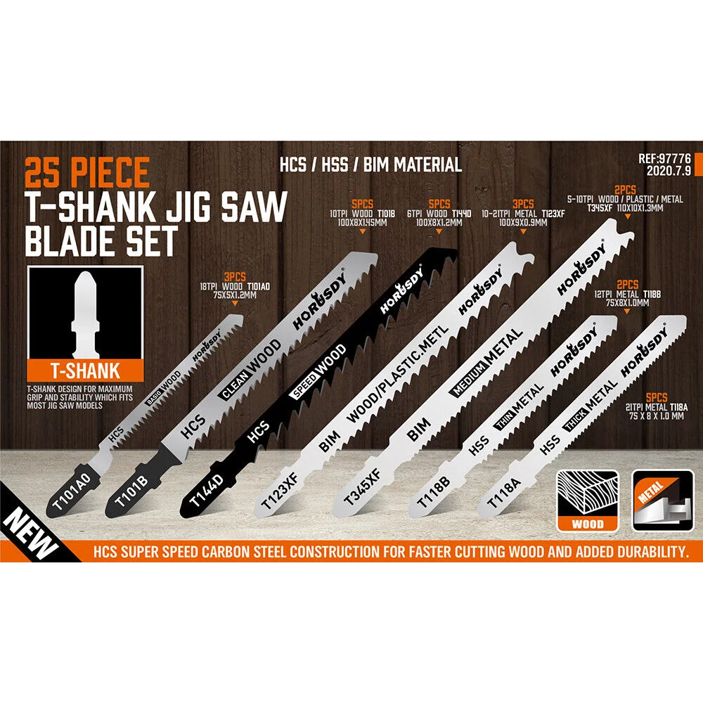 Jig Saw Blades Set 25Pc T-shank Wood Plastic Metal Sheet