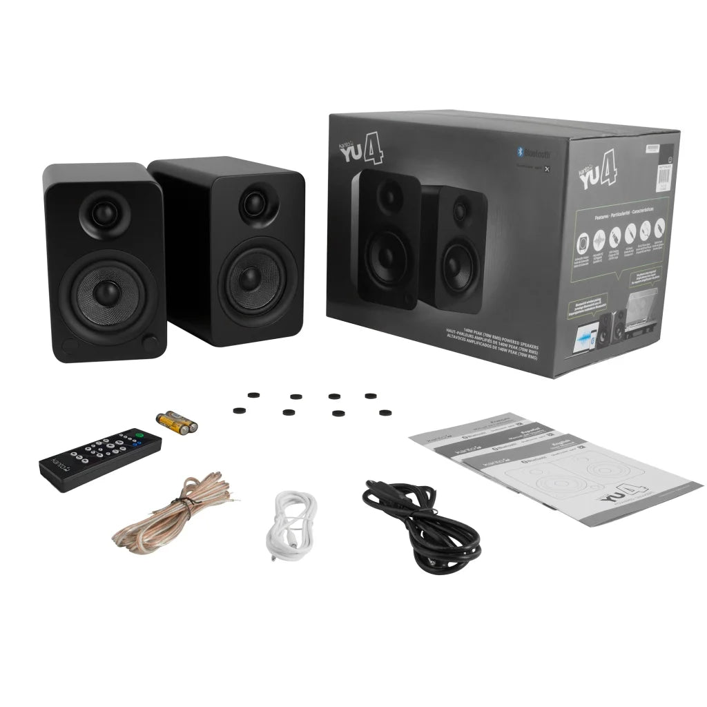 Bookshelf with kanto powered speakers bluetooth phono