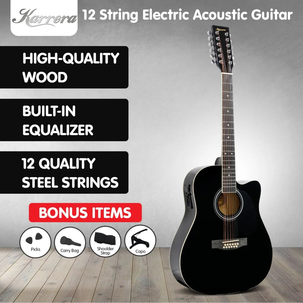 Karrera 12-String Acoustic Guitar with EQ - Black - Audio &