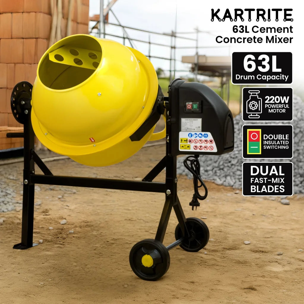 Kartrite Portable 63L Cement Concrete Mixer Dual Mix Blades