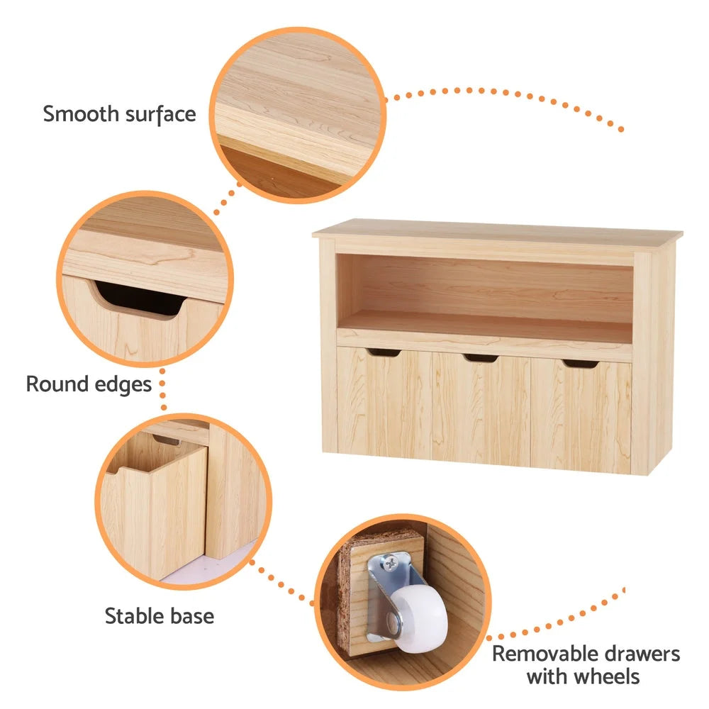 Wooden bookshelf with attachment points and product body