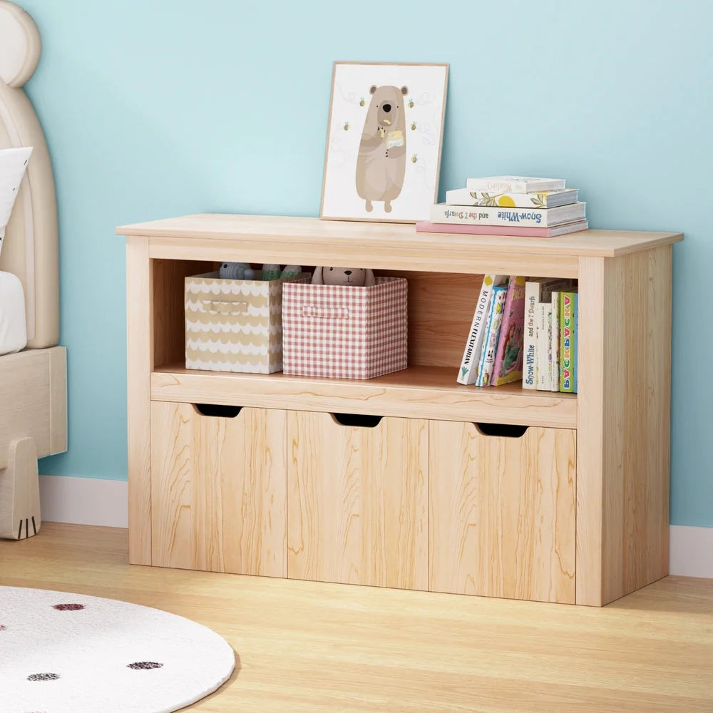 Wooden bookshelf with useful parts and product scale