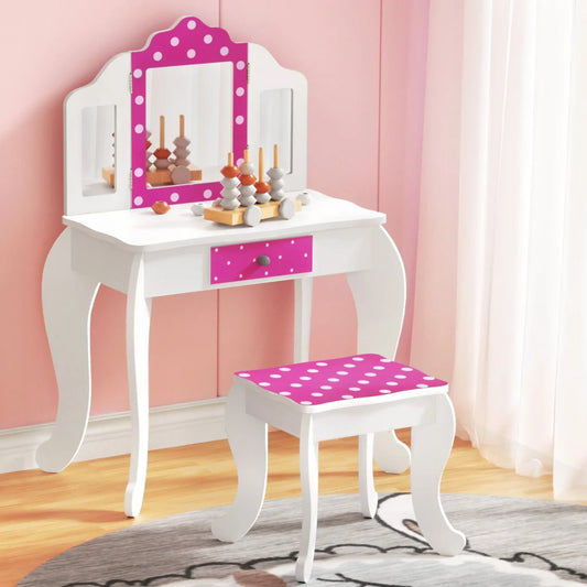 Keezi Kids Dressing Table Vanity Makeup Chair Set Wooden 3