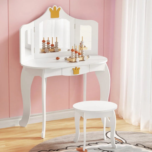 Keezi Kids Dressing Table Vanity Makeup Chair Set Wooden 3