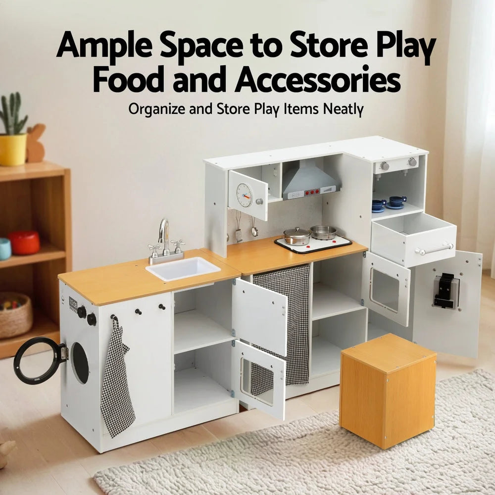 White wooden 80cm kitchen playset piece with storage shelves and support legs