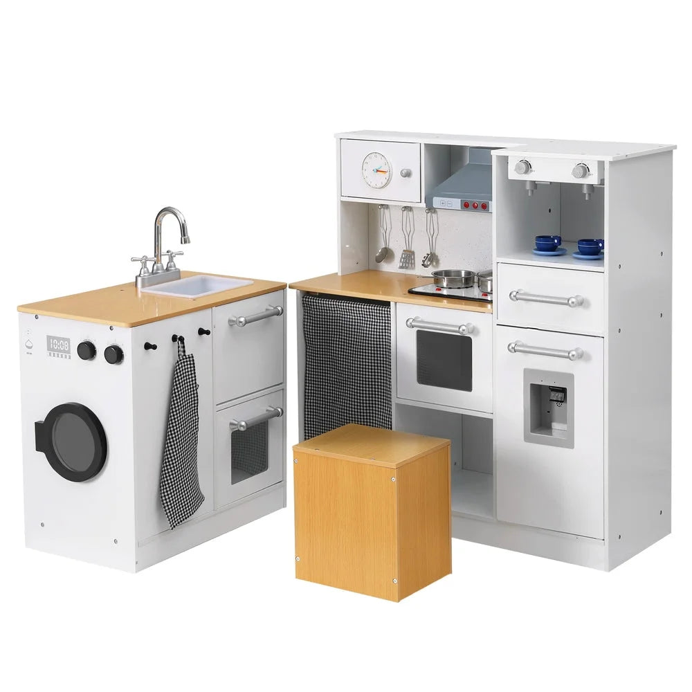White wooden 80cm kitchen playset piece with handles, panels and accessory pieces