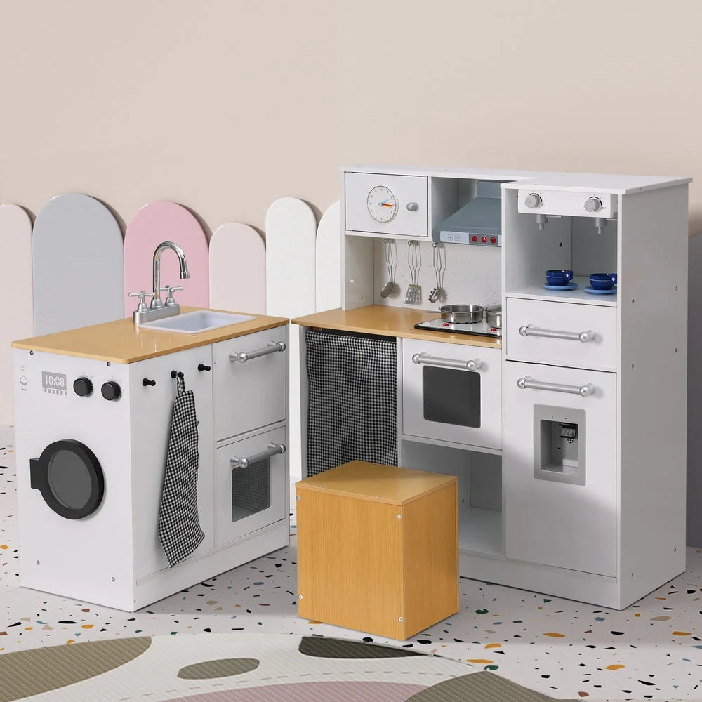 Kitchen playset piece with caster wheels and side handle rail