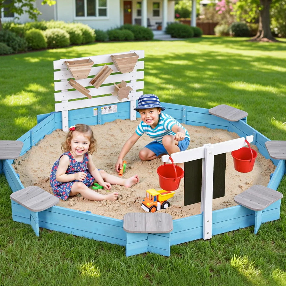 Keezi Kids Sandpit Wooden Round Sand Pit with Cover Funnel