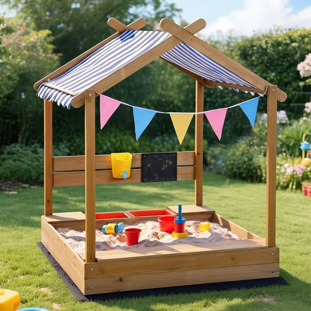 Keezi Kids Sandpit Wooden Sandbox Sand Pit with Canopy