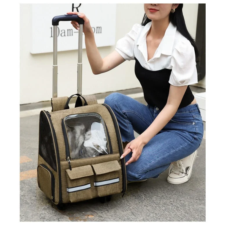 khaki 3-in-1 Pet Carrier: Rolling Backpack with Collapsible