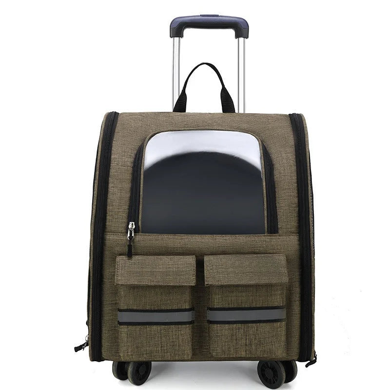 khaki 3-in-1 Pet Carrier: Rolling Backpack with Collapsible