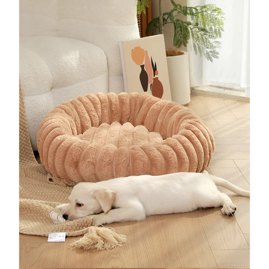 Khaki Plush Pet Bed - 40cm Round Dog & Cat Mat Cozy PP
