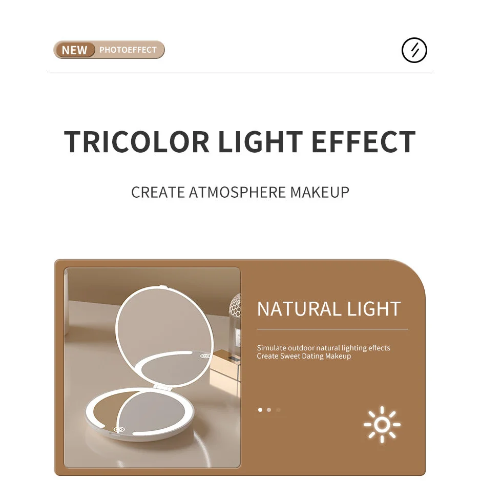 Khaki Portable LED Makeup Mirror with Tricolor Lights