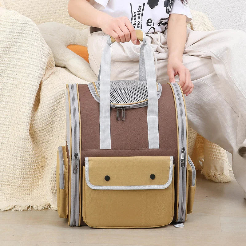 Khaki Portable Pet Carrier Backpack - Spacious Breathable