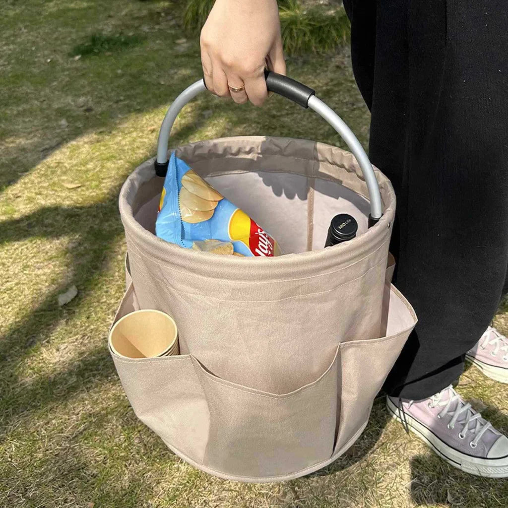 Khaki Portable Picnic Basket Foldable Outdoor Beach Basket