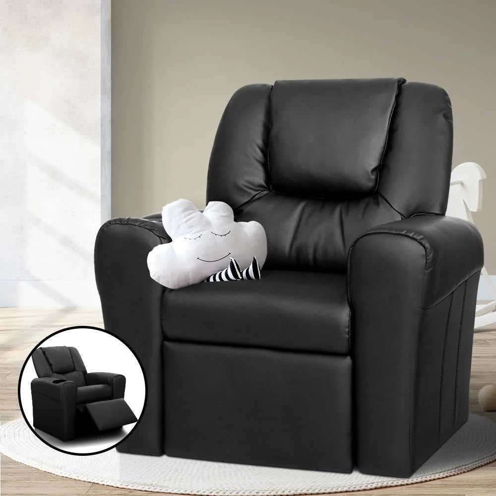 Kids Recliner Chair PU Leather Sofa Lounge Couch - Black