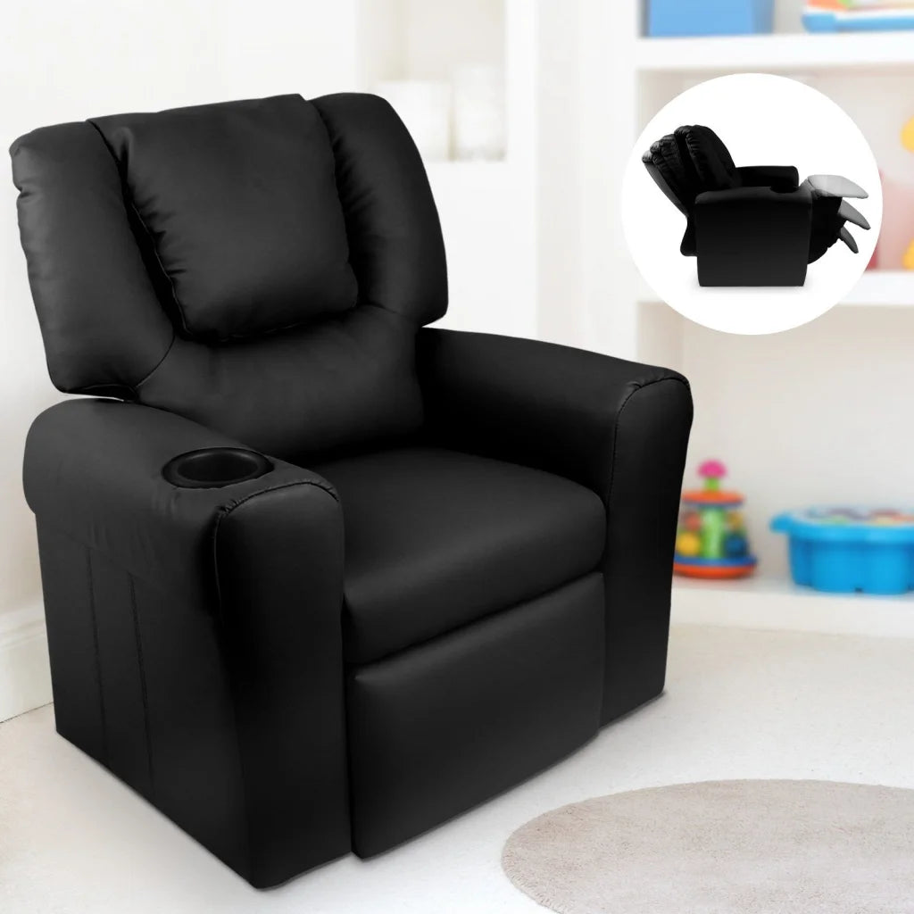 Kids Recliner Chair PU Leather Sofa Lounge Couch - Black