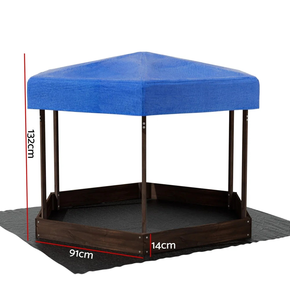 Kids Sandpit Wooden Hexagon Sand Pit with Canopy Outdoor