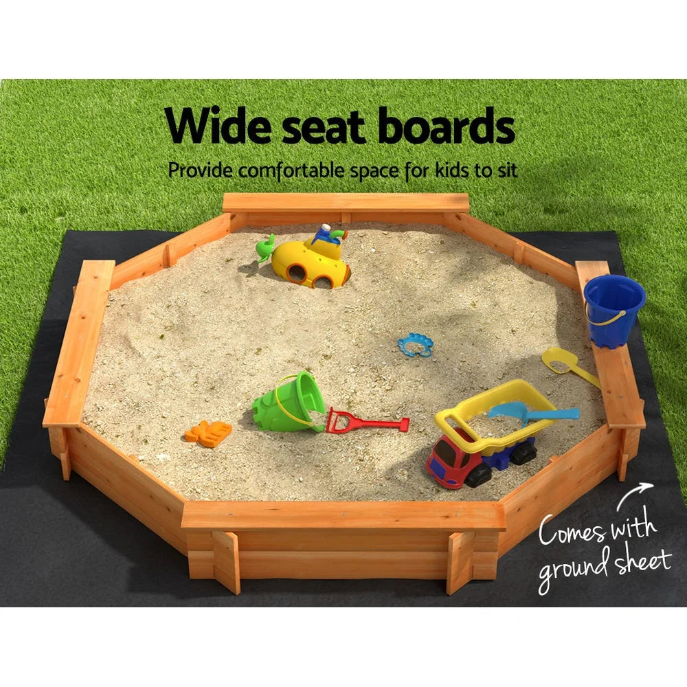 Kids Sandpit Wooden Round Sand Pit with Cover Bench Seat